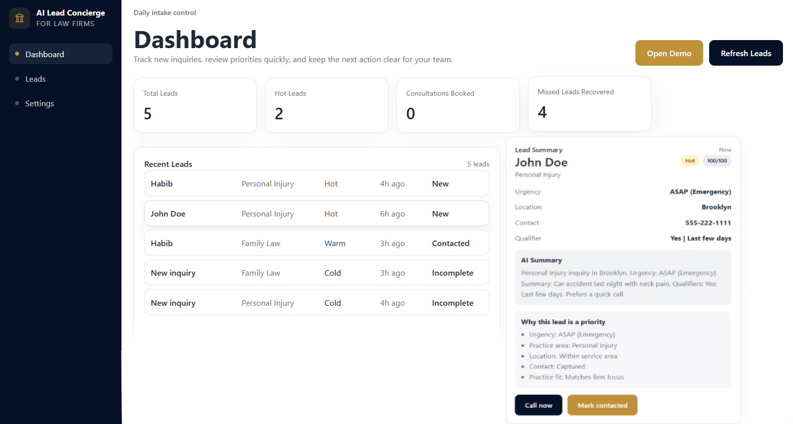 AI Lead Concierge dashboard screenshot